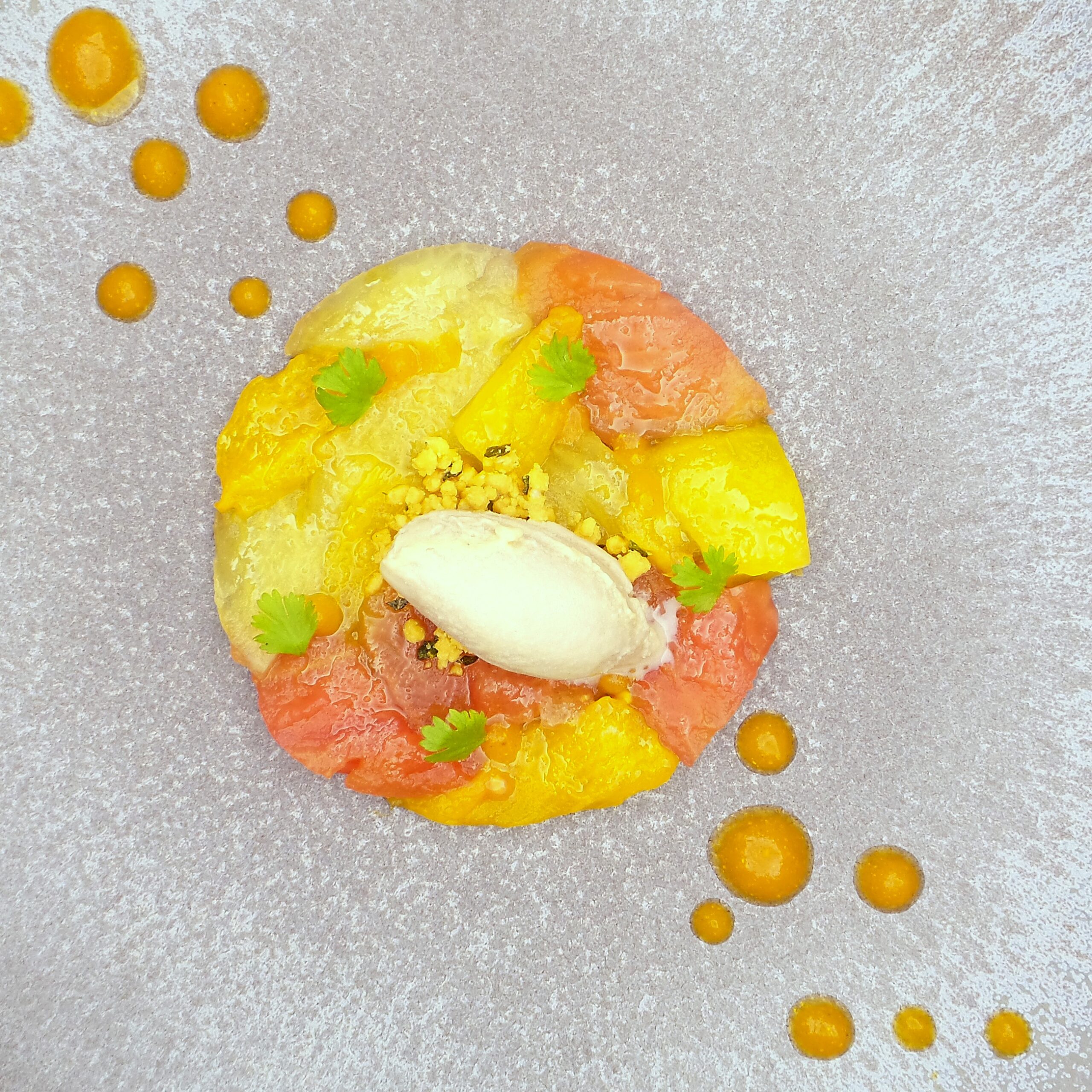 Heirloom tomato carpaccio, black olive & olive oil ice cream